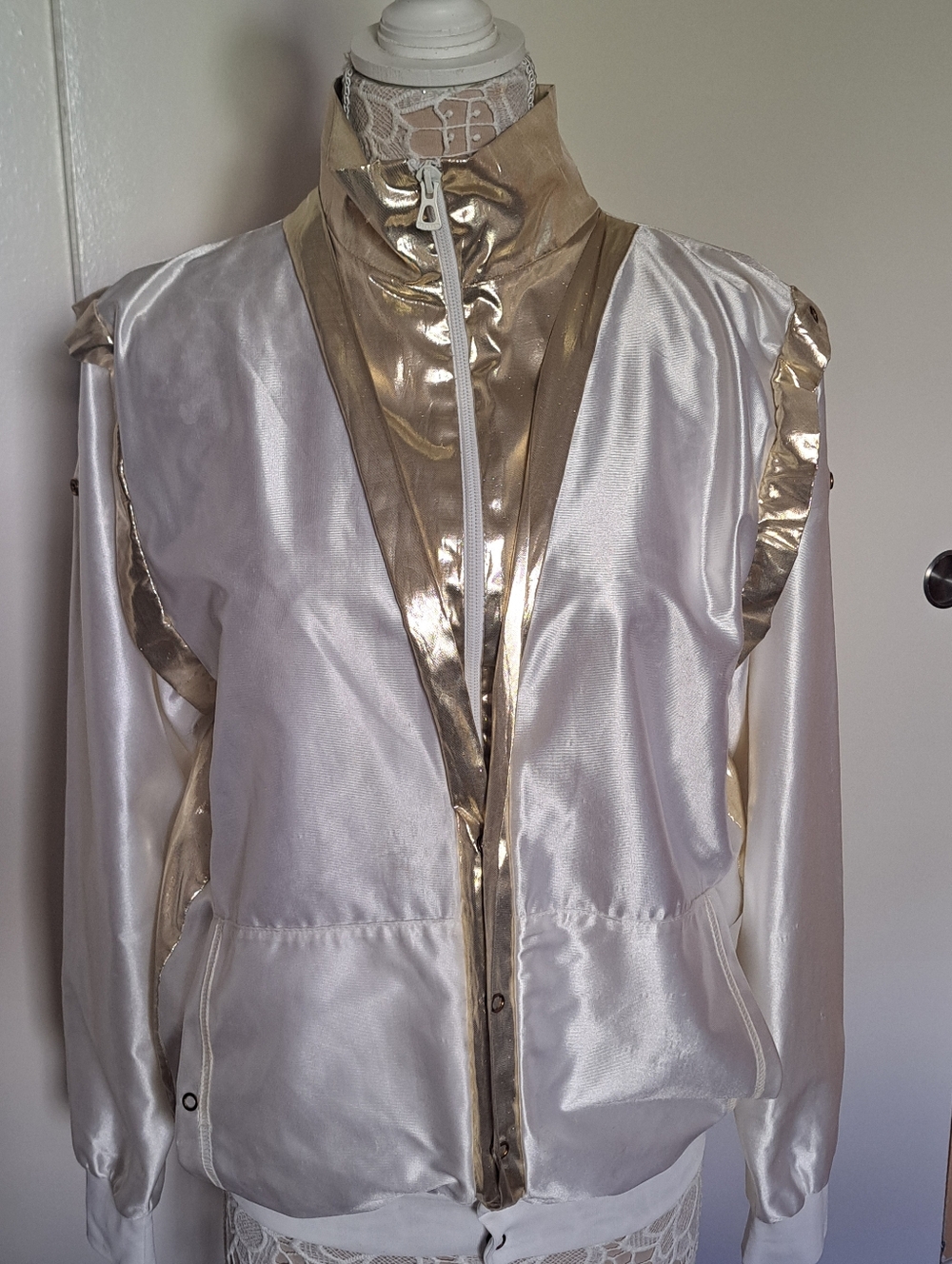 White Bomber Jacket with Gold Metallic Trim